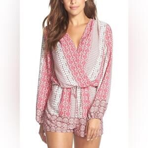 Fraiche by J Pink Patterned Long Sleeve Romper Womens Large